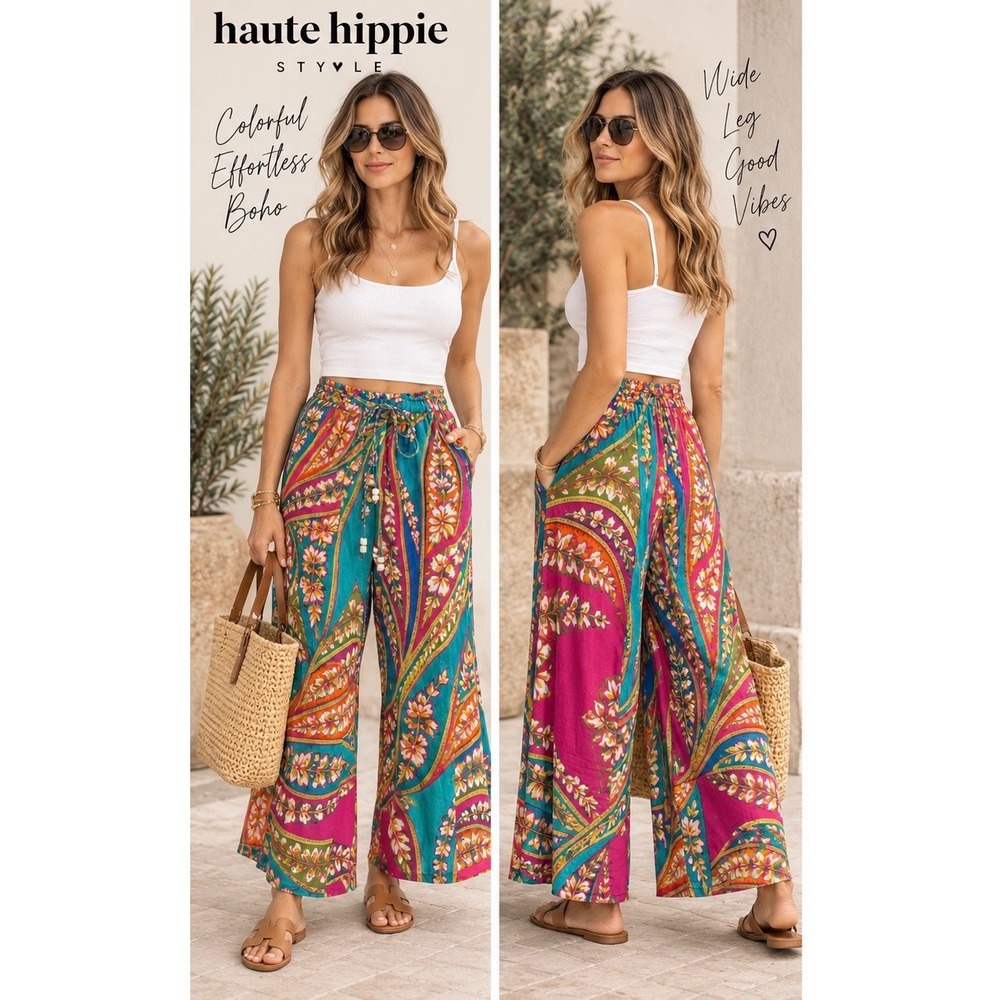 Haute Hippie Style Wide Leg Boho Paisley Floral Print Pants Pink Blue XS